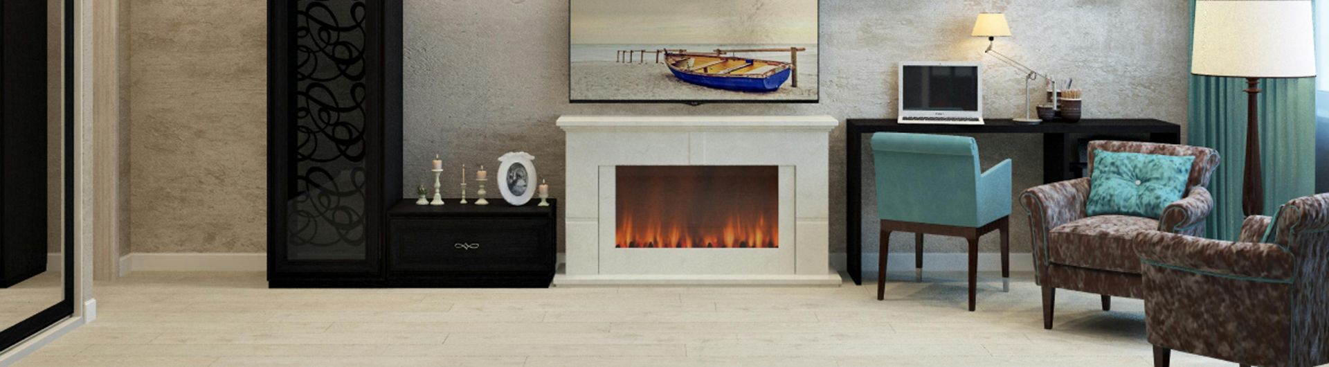 Elegant modern interior living room with fireplace and stylish decor.